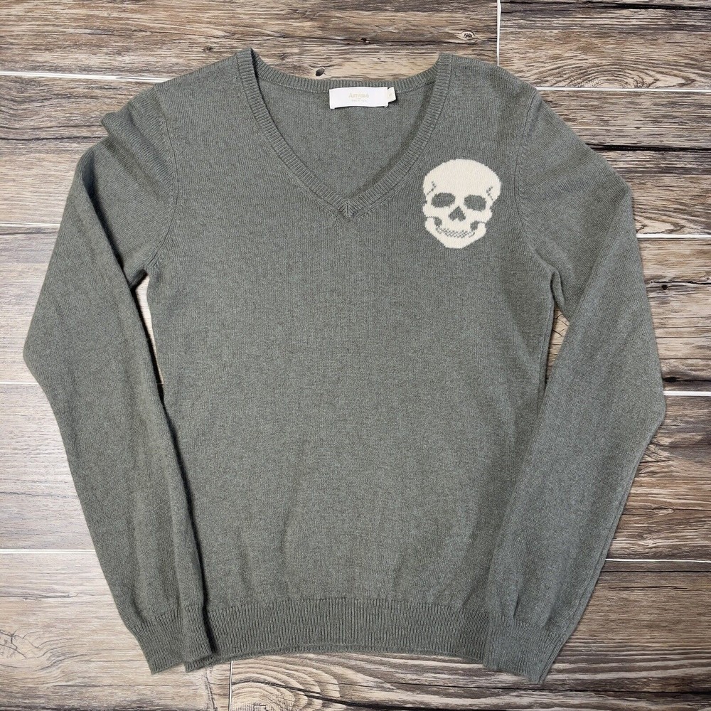 Amuse Paris Skull Print 100% Cashmere Pullover V Neck Sweater Olive Women S EUC
